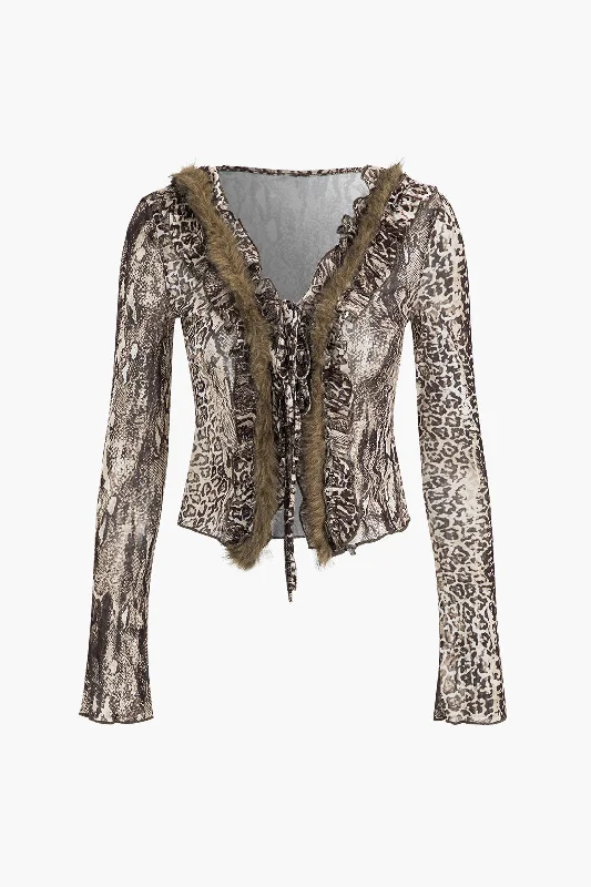 Leopard Print Mesh Long-Sleeve Top Disco