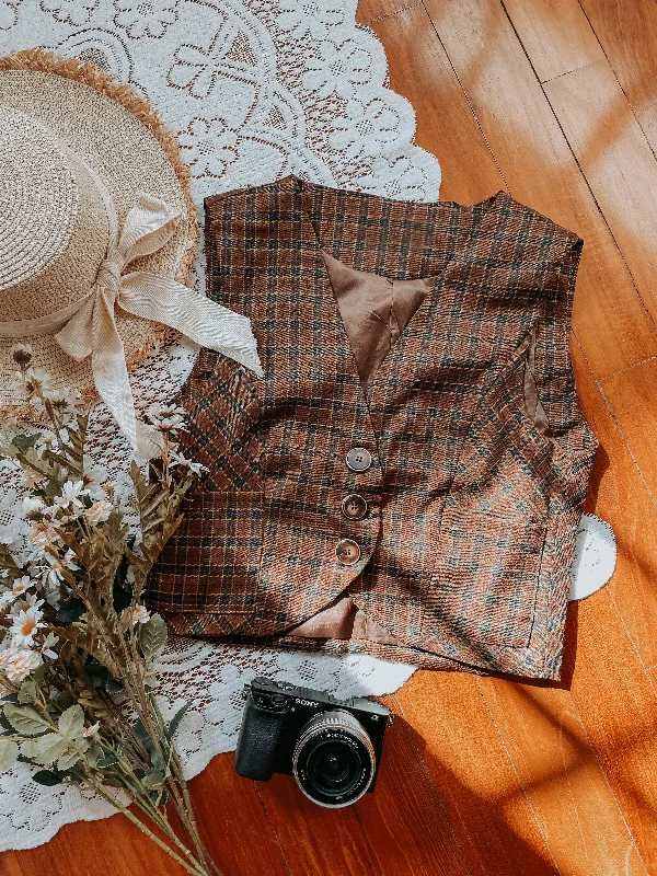 Cinnamon Plaid Waistcoat (Brown) Vintage Women's 1970S 