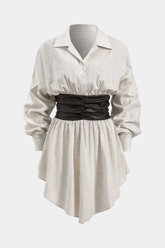 Faux Leather Linen Ruched Patchwork Long Sleeve Mini Dress Feminine Women's Style 