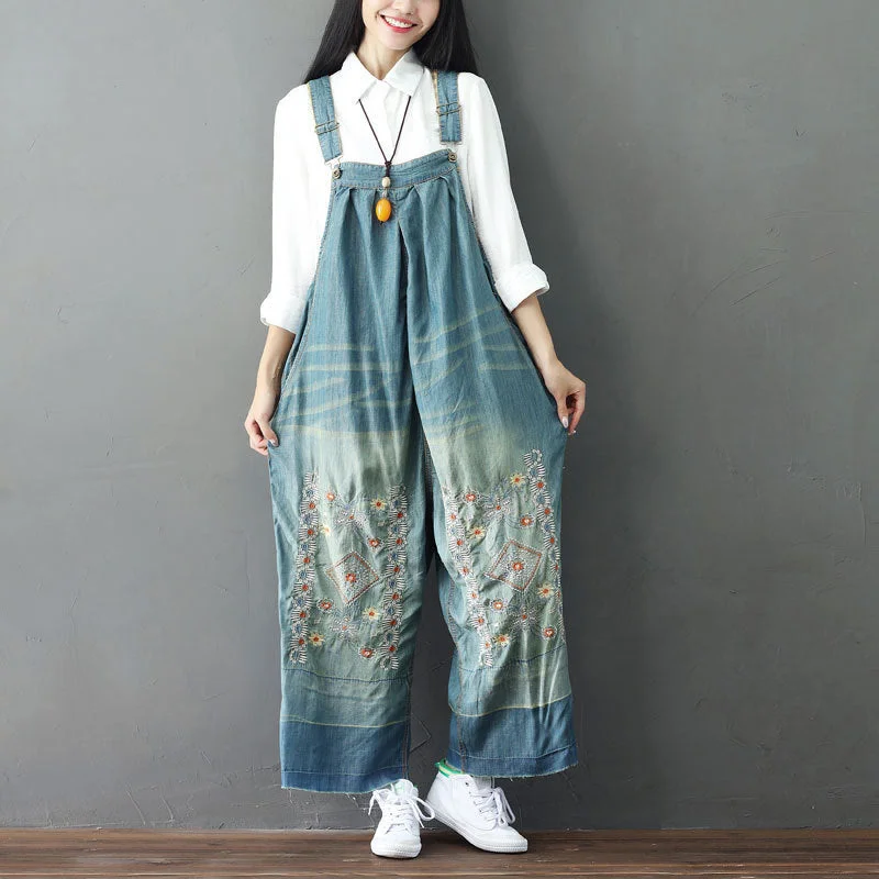 Summer Retro Floral Embroidery Strappy Denim Pants Bold Women's Statement