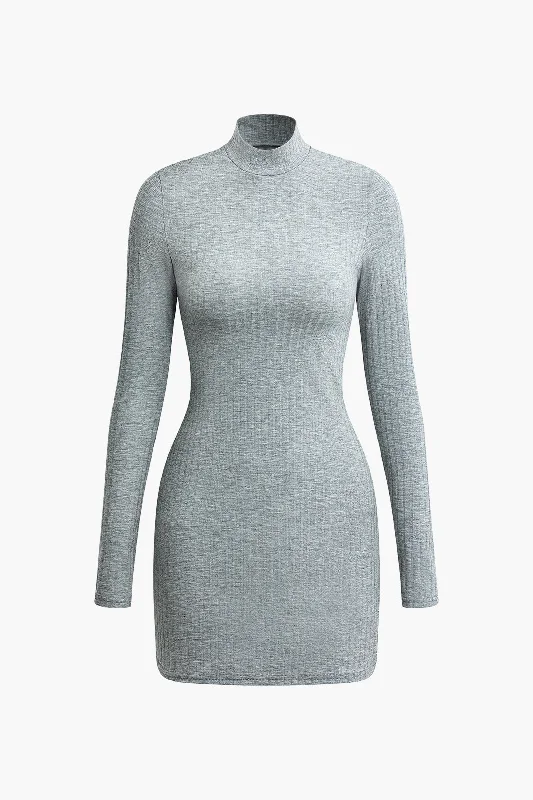 Ruched Mock Neck Slit Long Sleeve Mini Dress Elegant Women's 