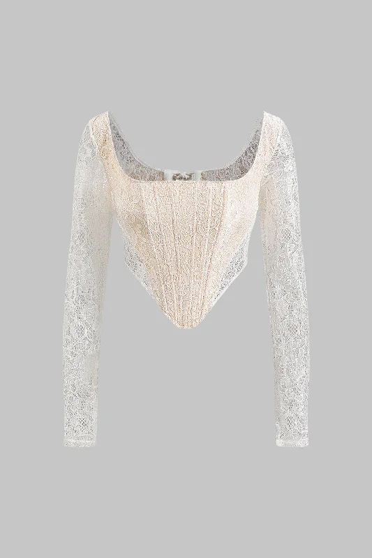 Lace Tie Back Square Neck Sheer Corset Long-Sleeve Top Classic Women's Pin - striped