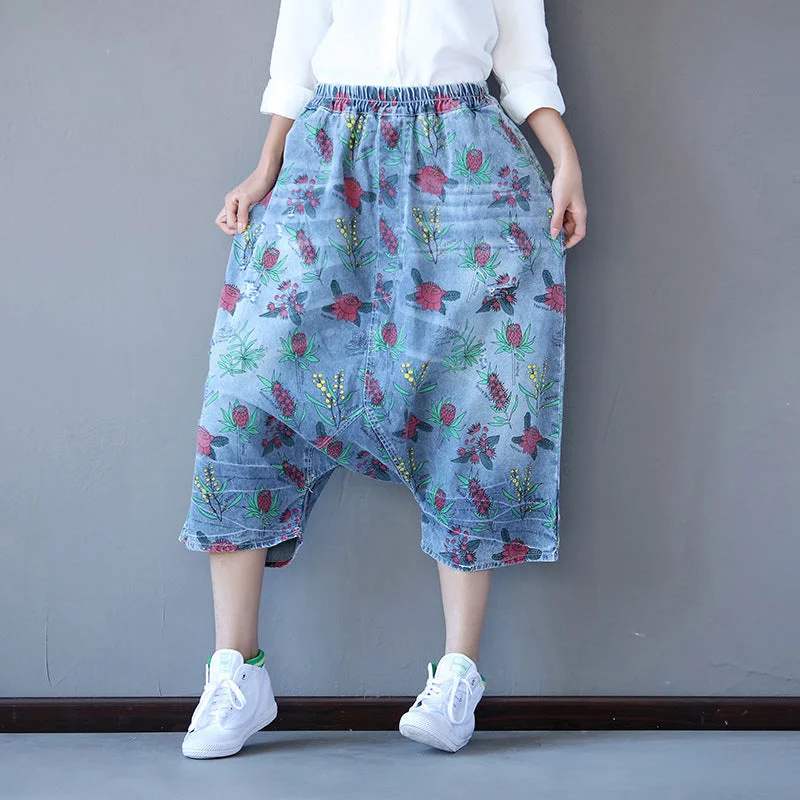 Retro Printed Loose Denim Pants Sleek Women's 