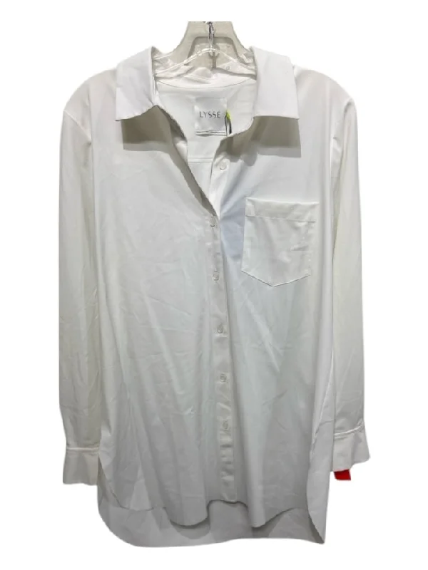 Lysse Size M White Nylon Button Breast Pocket Long Sleeve Tunic Length Top Dapper Women's Bow - adorned