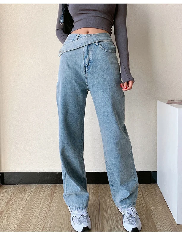 KittenAlarm - High Waist Irregular Zipper Button Wide Leg Jeans Pants Scandinavian
