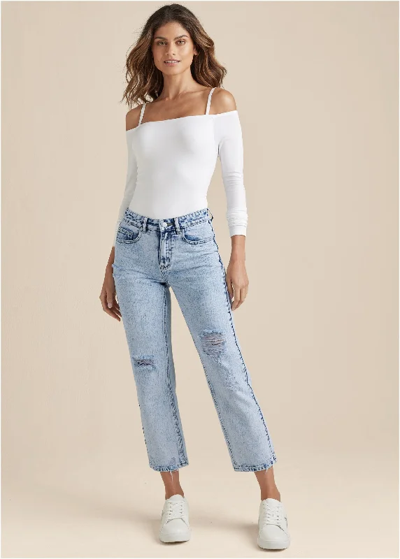 Stove Pipe Distressed Jeans - Acid Wash Australian Beach