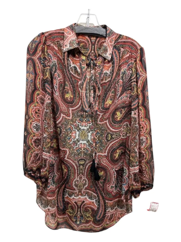 Alice + Olivia Size S Red Print Polyester Semi-Sheer Paisley Long Sleeve Top Minimalist Women's Casual