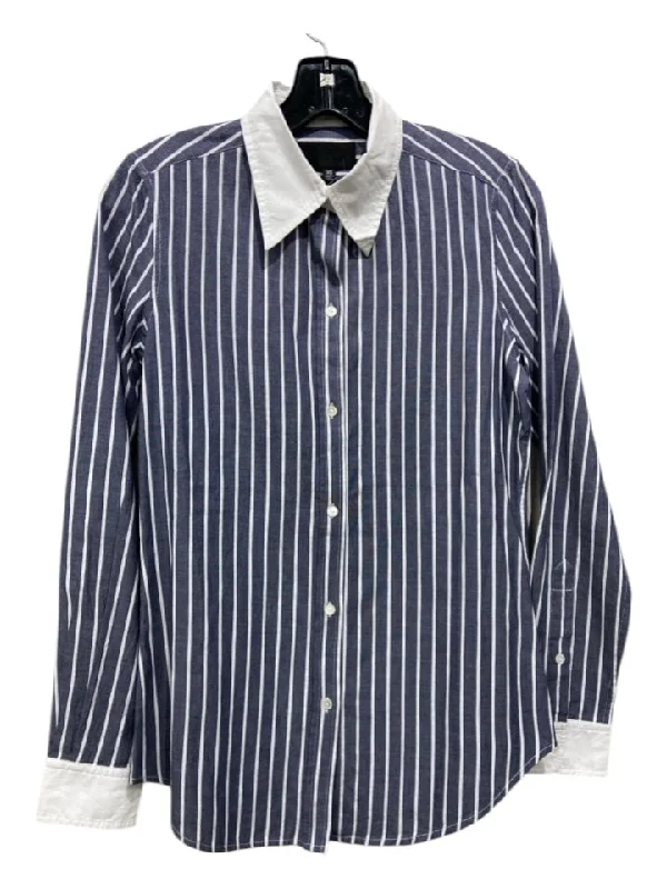 Nili Lotan Size S Blue & White Cotton Vertical Pinstripe Collar Long Sleeve Top Dapper Women's Bow - adorned