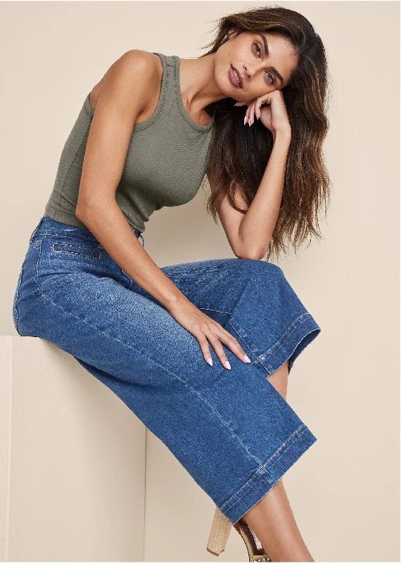 Sophia Wide Leg Crop Jeans - Medium Wash Dapper Women's Bow - adorned