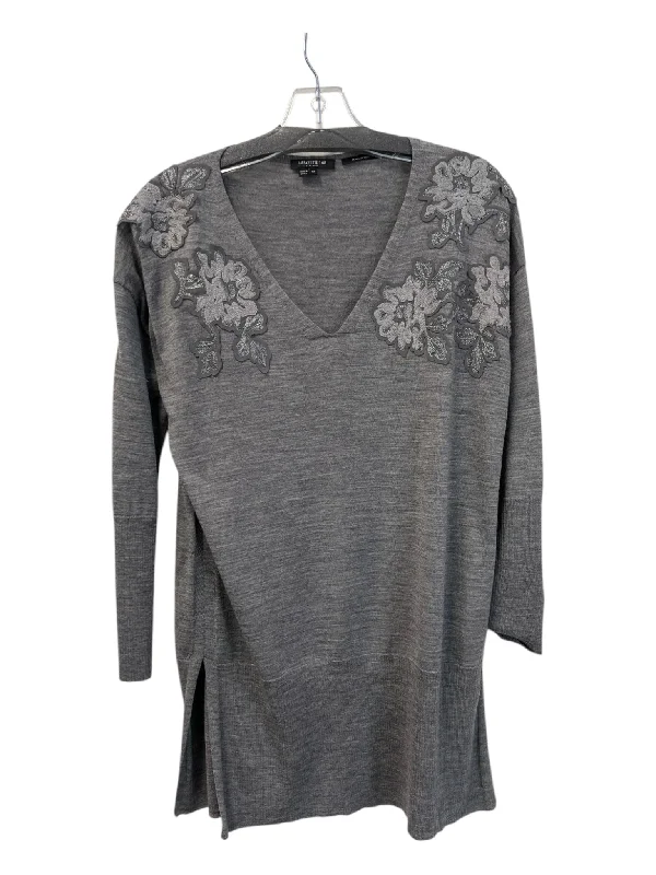 Lafayette 148 Size XS Gray Wool Heathered V Neck Applique Long Sleeve Top Laid - back Women's Vibe