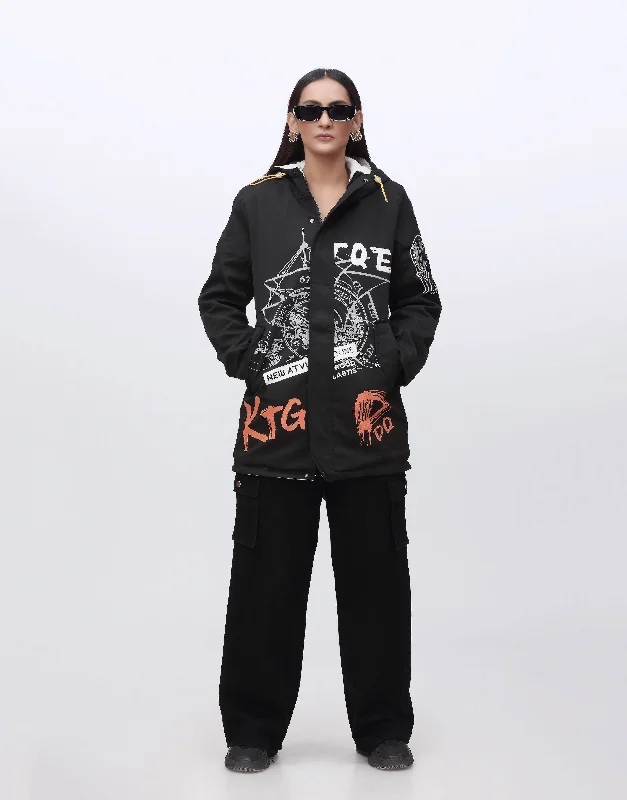 Parachute Hoodie Fleece Jacket Printed Black Confident Women's Power