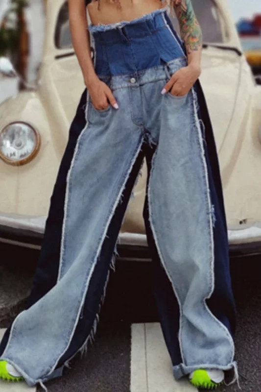 KittenAlarm - Casual Patchwork Contrast High Waist Denim Jeans Laid - back Women's Vibe KittenAlarm - Casual Patchwork Contrast High Waist Denim Jeans Laid - back Women's Vibe