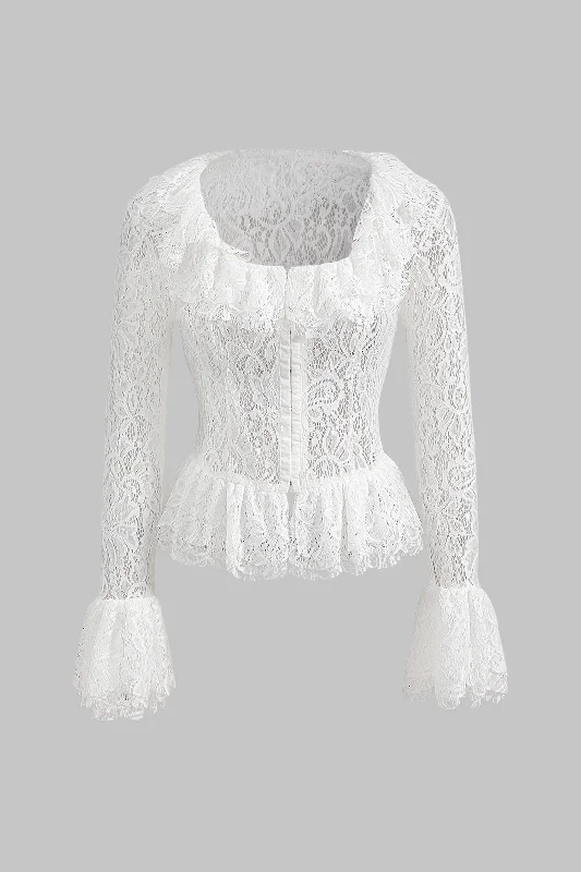 Lace Ruffle Square Neck Bell Sleeve Shirt Bohemian Women's Free