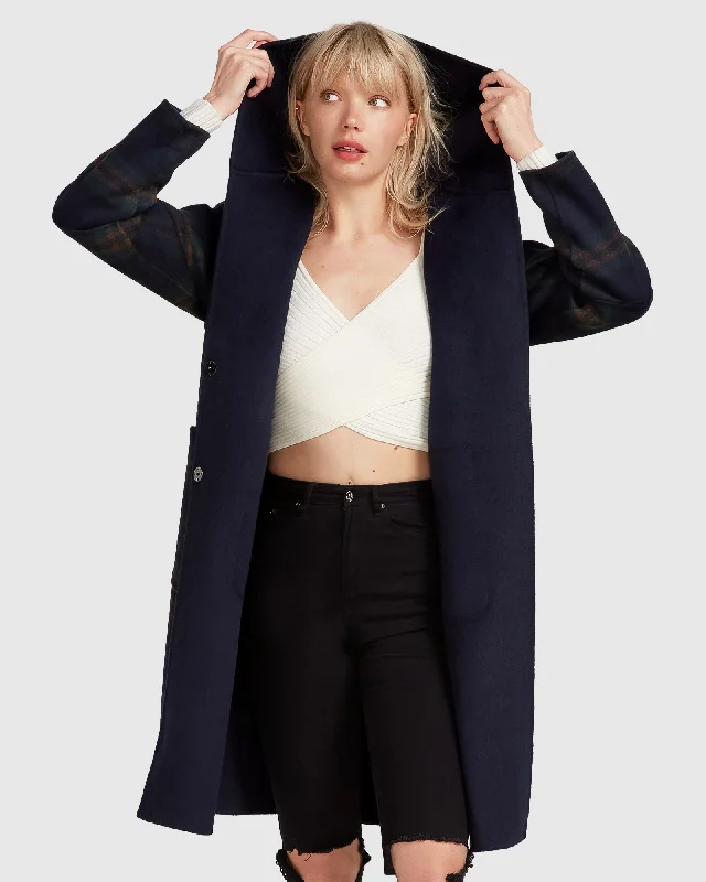 Walk This Way Wool Blend Oversized Coat - French Navy Plaid Bohemian Women's Free