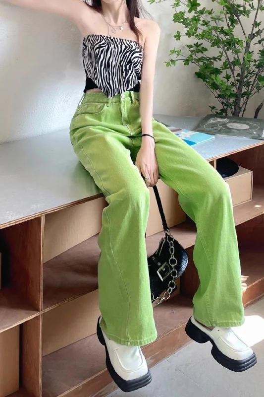 KittenAlarm - High Waist Vintage Green Long Jeans Pants Cashmere