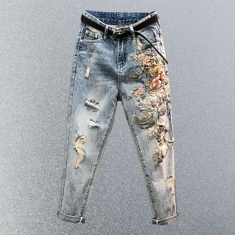KittenAlarm - Embroidered High Waist Jeans Women's Summer Heavy Industry Beads Loose Slimming Holes Harem Pants Cropped Baggy Denim Pants Practical Women's Multi - KittenAlarm - Embroidered High Waist Jeans Women's Summer Heavy Industry Beads Loose Slimming Holes Harem Pants Cropped Baggy Denim Pants Practical Women's Multi -