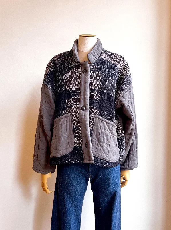 Handwoven Double Quilt Grey Graphite Button Up Jacket Stylish Women's Neon