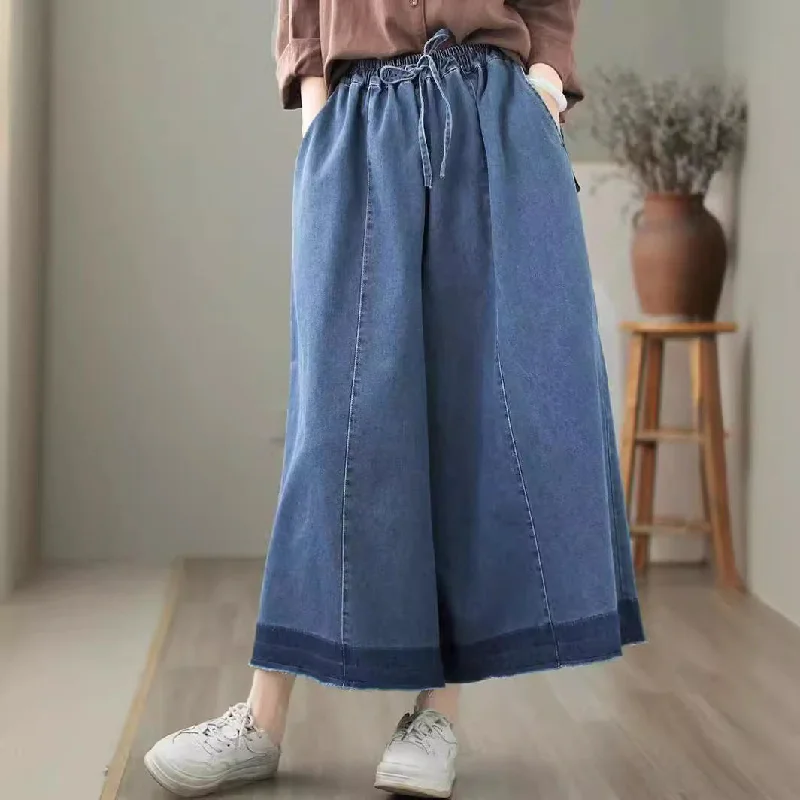 Women Color Block Lace-Up Loose Wide Leg Jeans Laid - back Women's Style