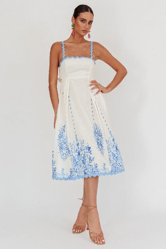 Asami Floral Print Ric Rac Trim Midi Dress Blue Traditional Women's 