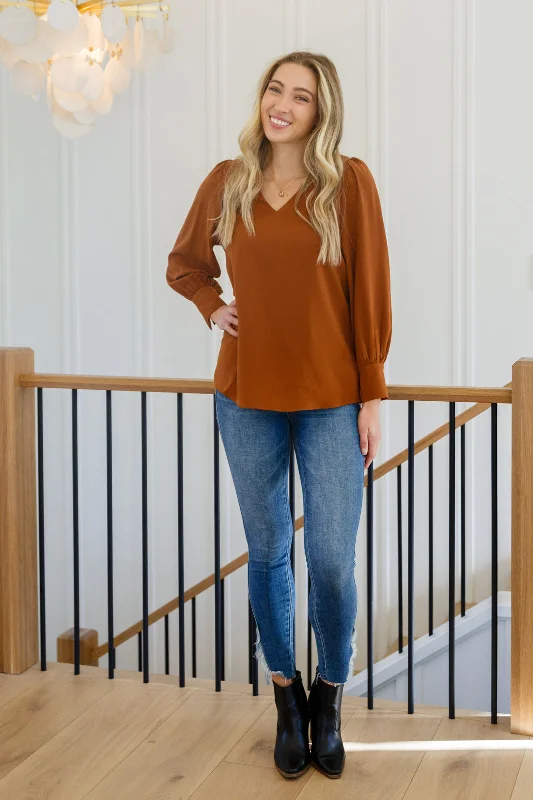 Enjoy This Moment V Neck Blouse In Toffee Cool Women's Distressed