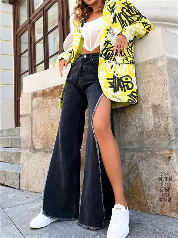 KittenAlarm - High Waisted Side Split Out Jeans Women Casual Loose Cargo Black Pants Streetwear Summer Wide Leg Long Baggy Y2k Jeans Bold Women's Animal Print KittenAlarm - High Waisted Side Split Out Jeans Women Casual Loose Cargo Black Pants Streetwear Summer Wide Leg Long Baggy Y2k Jeans Bold Women's Animal Print