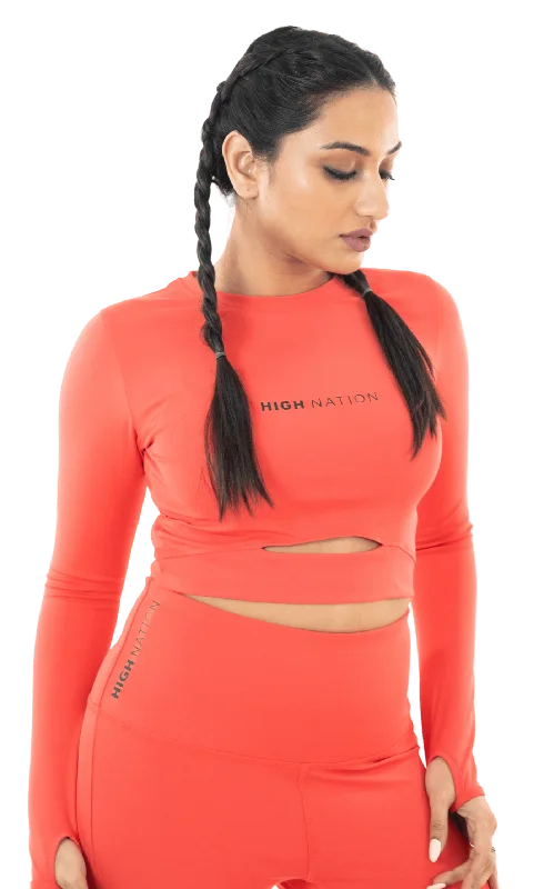 Hot Coral Orange Thumbhole Crop Top Modern Women's 