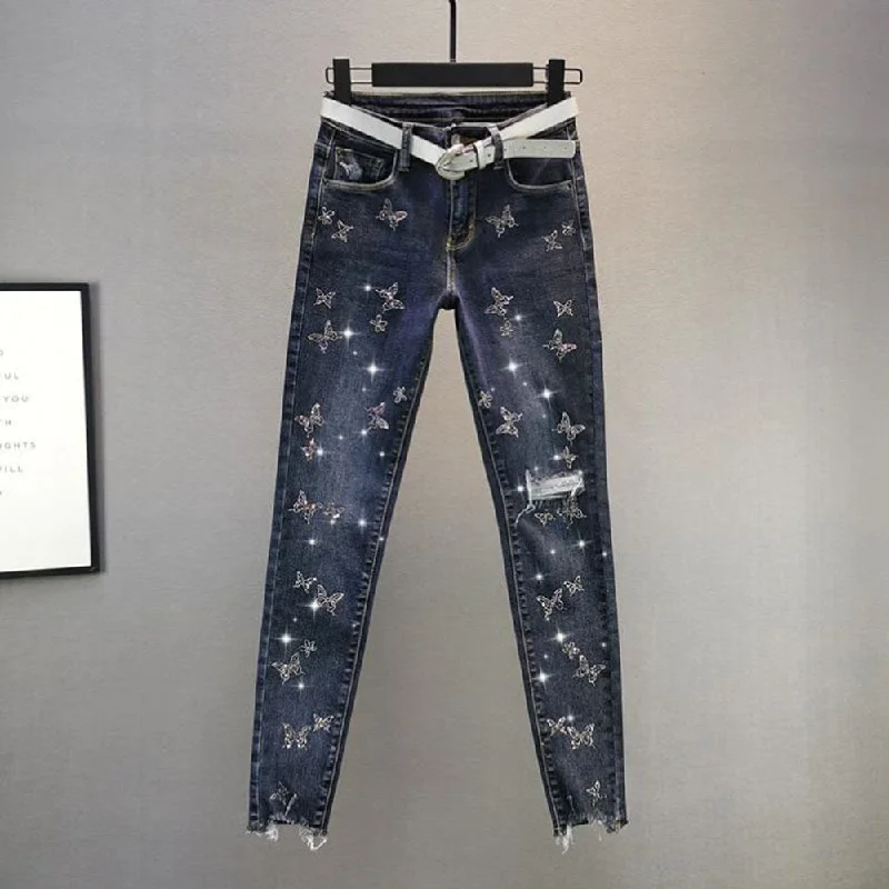 KittenAlarm - Hot Sales High Waist Jeans Women Beading Butterfly Fashion Ripped Jeans Casual Plus size Stretch Jeans Female Washed Denim Pencil Pants Youthful Women's Anime - inspired
