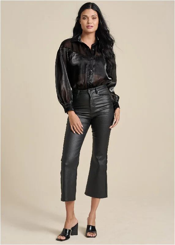 Coated Kick Flare Jeans - Black Polished Women's Silk