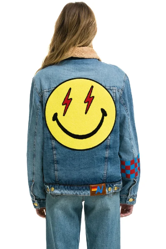 AVIATOR NATION SMALL STOKED BOLT SMILEY RANCH SHERPA DENIM JACKET - SUPER LIGHT Minimalist Women's Casual AVIATOR NATION SMALL STOKED BOLT SMILEY RANCH SHERPA DENIM JACKET - SUPER LIGHT Minimalist Women's Casual