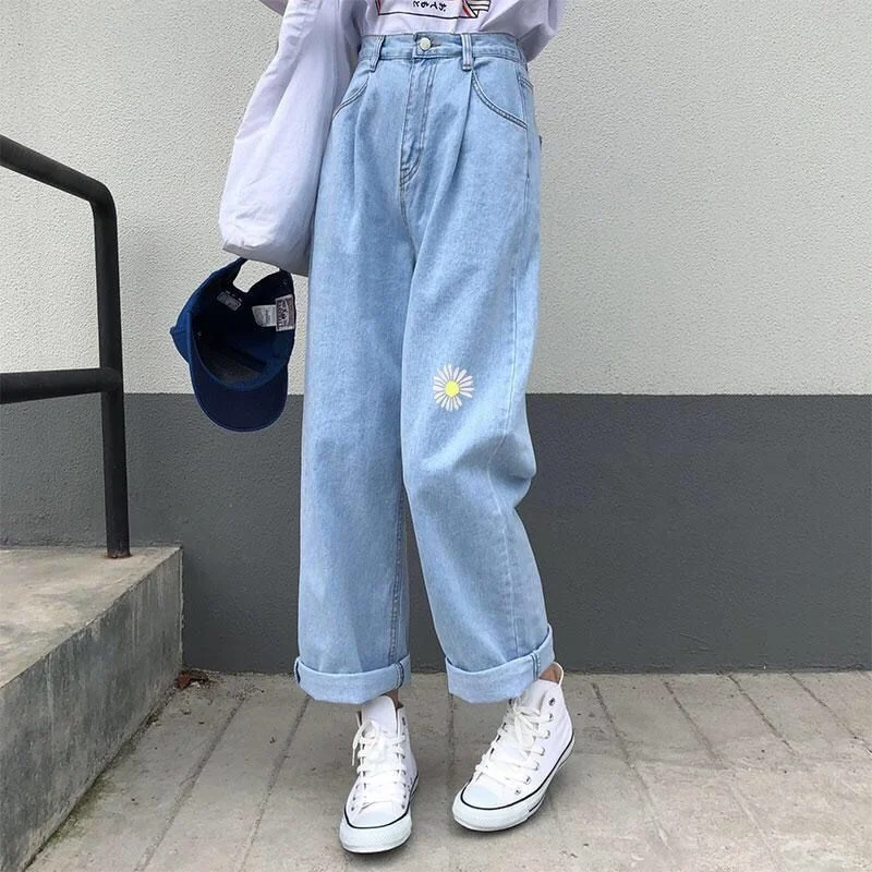 KittenAlarm - Korean Loose Daisy Jeans Women Fashion New High Waist Straight Denim Pants Maxi Wide-leg Cropped Trousers Female S-5XL Cozy Women's Sherpa - lined