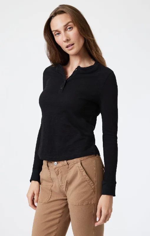 HENLEY T-SHIRT IN BLACK Casual Women's Loose - fitting