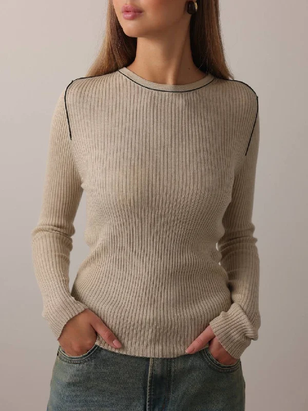 Ribbed Knit Beige Sweater Artistic Women's Hand - painted