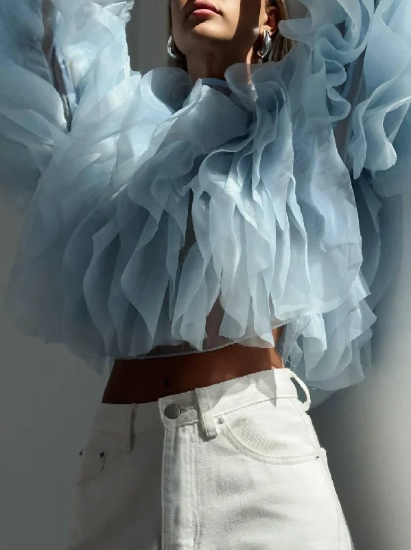 Elegant Blue Tulle Blouse Casual Women's Loose - fitting