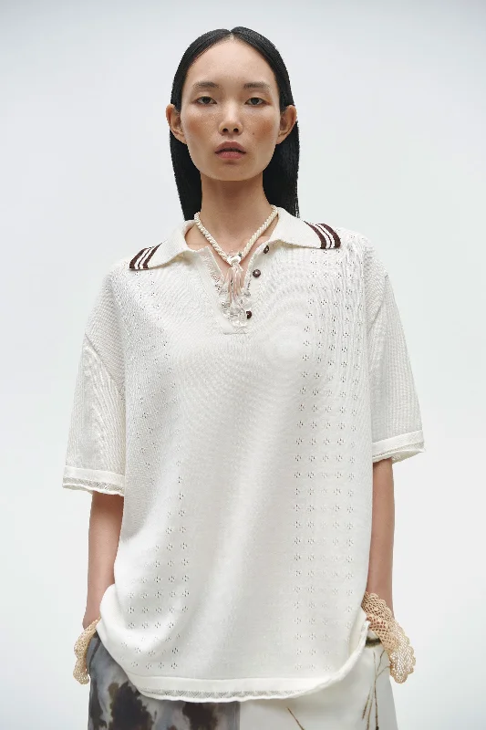 Organic Cotton Pointelle Polo Top Feminine Women's Style 