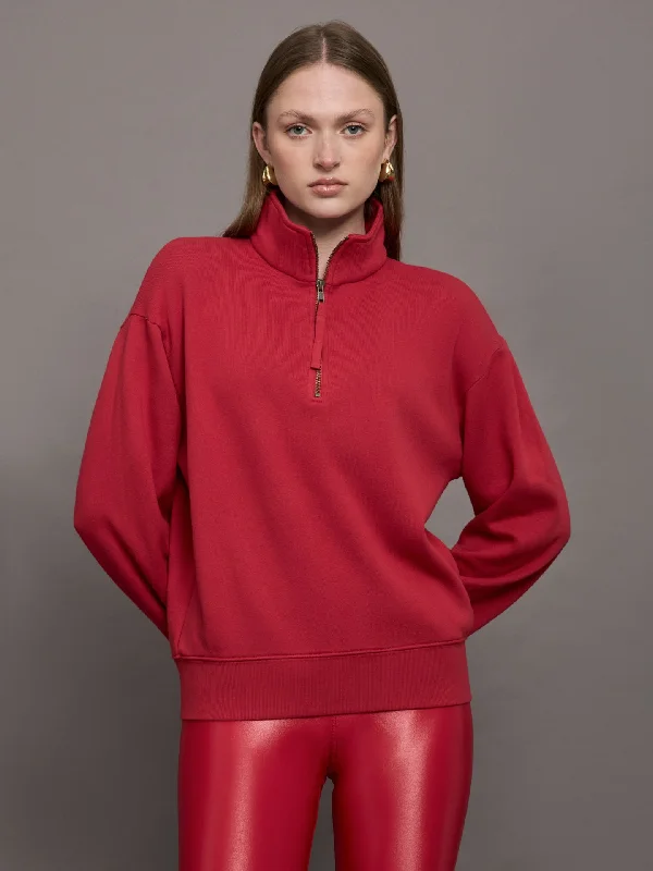 Half Zip Fleece Top - Crimson Red Laid - back Women's Vibe