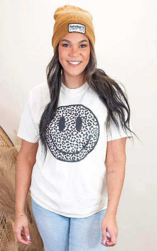 Leopard Smiley Face Garment Dyed Graphic T-shirt Relaxed Women's 