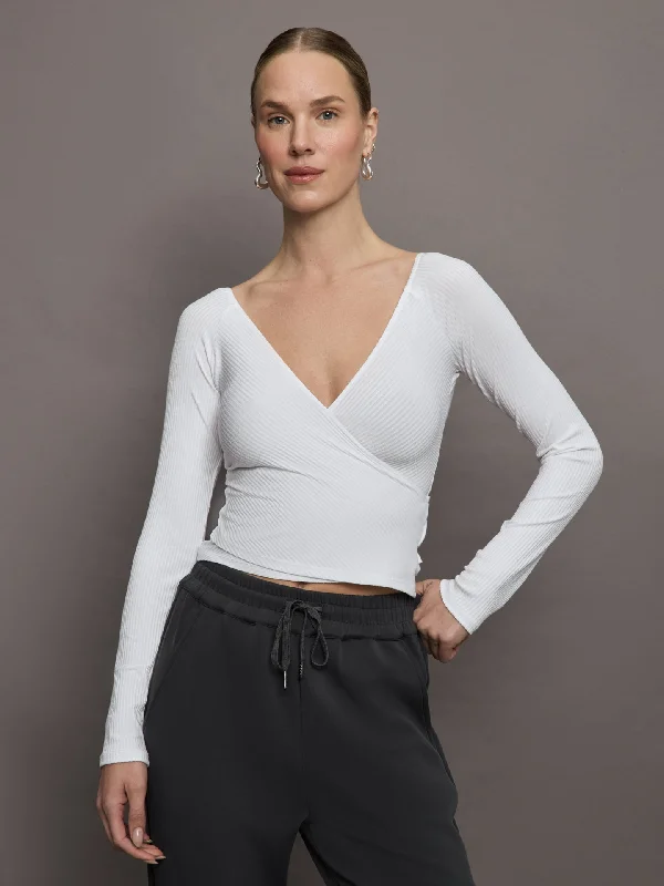 Long Sleeve Wrap Top in Ribbed Jersey - White Preppy Women's College