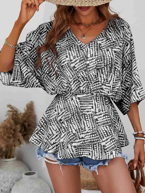 Printed V-Neck Dolman Sleeve Blouse Modern Women's 