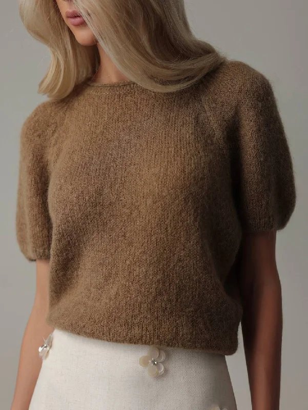 Earth-Toned Puff-Sleeve Knit Sweater Laid - back Women's Style