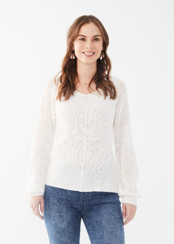 Long Pointelle Sleeve V-Neck Sweater Tough Women's Military - inspired