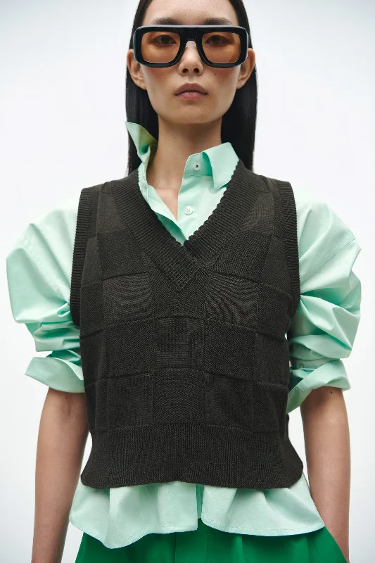 Checkered Cotton & Cashmere Waistcoat Cozy Women's Winter