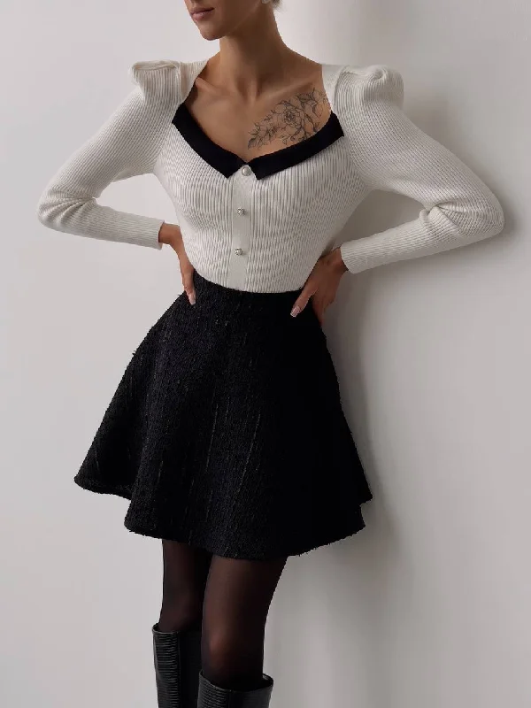 White Ribbed Blouse with Black Collar Monochromatic All - in - one
