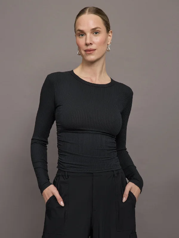 Long Sleeve Ruched Top in Ribbed Jersey - Black Practical Women's Quick - dry