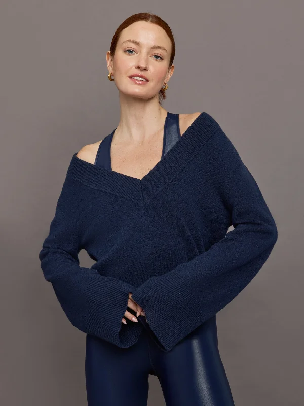 Bell Sleeve Off Shoulder Sweater - Navy Cozy Women's Sherpa - lined