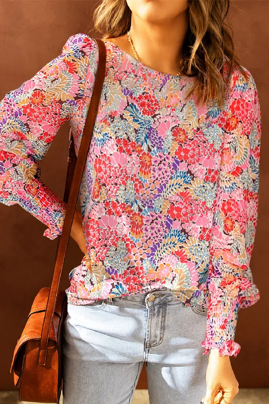 Floral Print Long Puff Sleeve Blouse Sophisticated Women's Tailored