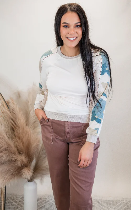 Camo Stripe Sleeve Pullover | MYSTREE Earthy Women's Hemp - based