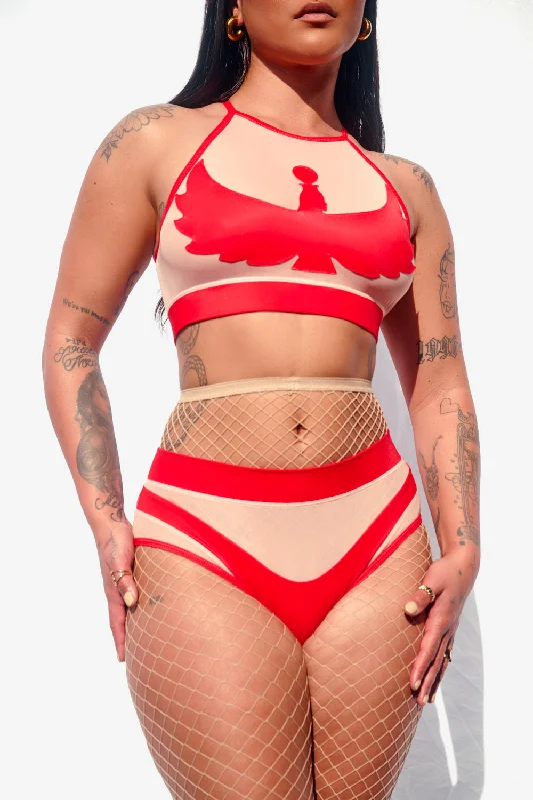 I S I S Goddess Halter Top - Red with Sand Mesh Monochromatic Office Style