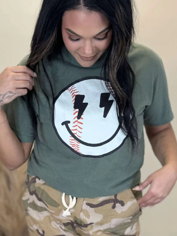 Baseball Smiles Garment Dyed Graphic T-shirt Youthful Women's Pop
