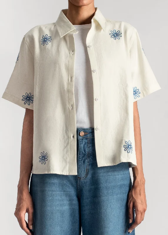 White Embroidered Boxy Shirt-Blue European