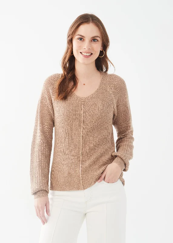Long Pointelle Sleeve V-Neck Sweater Sleek Women's Metallic